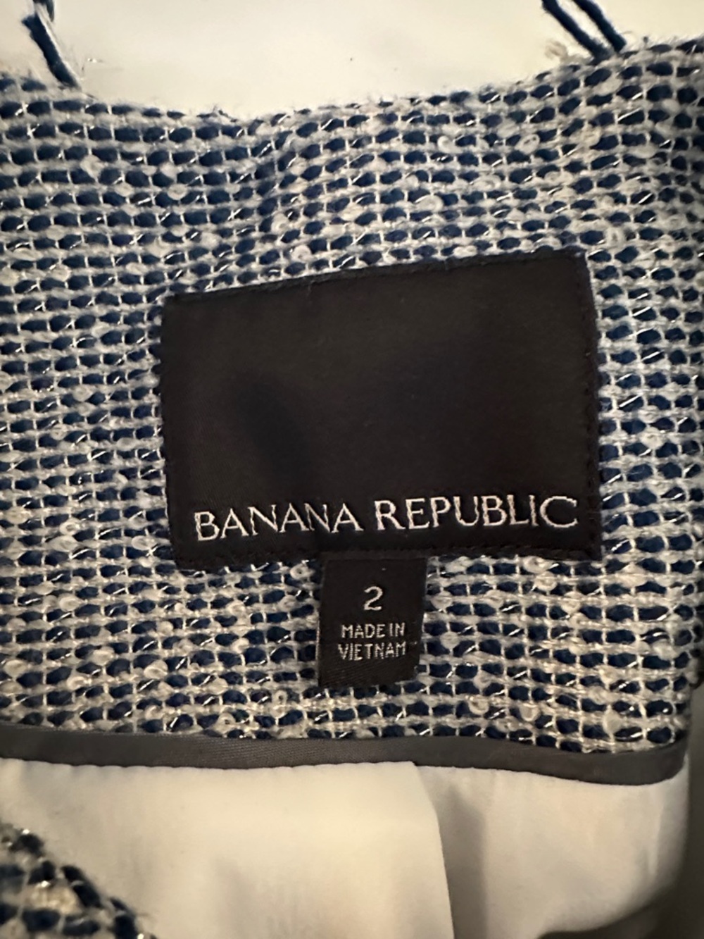 Banana Republic Women's Blue Cream Silver Tinsel Scallop Lapel Blazer Size 2 - Picture 7 of 8